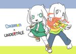  2015 anthro asriel_dreemurr barefoot canine caprine clothing cub dog doraemon duo fire fur goat green_eyes grey_eyes holding_object holding_weapon jewelry long_ears looking_at_viewer magic male mammal melee_weapon necklace peko standing sword undertale video_games weapon white_fur young zeru 