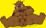  2019 anthro anus balls belly blush boar brown_fur butt cum fur goujuyu humanoid_hands male mammal masturbation moobs one_eye_closed overweight overweight_male penis porcine simple_background solo tusks wink yellow_background 