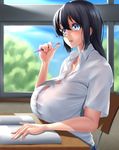  1girl black_hair blue_eyes breasts bursting_breasts classroom female highres huge_breasts long_hair no_bra original pen school shirt sitting solo tama_(tamakaka1031) white_shirt window 