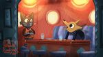  animated anthro canine cat clothing feline female food fox fur gregg_(nitw) jibbin_kodiyak laugh mae_(nitw) male mammal night_in_the_woods pierogi 