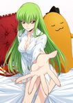  arm_at_side arm_support bangs bare_legs beckoning bed_sheet breasts c.c. cheese-kun cleavage code_geass collared_shirt commentary_request dress_shirt fingernails foreshortening frilled_pillow frills green_hair hair_between_eyes hands highres indoors lips long_fingernails long_hair long_sleeves looking_at_viewer medium_breasts naked_shirt no_pants on_bed open_hand outstretched_arm outstretched_hand palms parted_lips pillow polka_dot polka_dot_background puma_(hyuma1219) revision shirt sitting smile solo stuffed_toy white_shirt yellow_eyes 