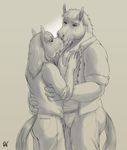  2016 5_fingers anthro biped clothed clothing digital_media_(artwork) dress_shirt duo equine eye_contact eyebrows fully_clothed furgonomics grey_(aetherelemental) grey_background greyscale hair hand_on_back hand_on_chest hi_res horse hug humanoid_hands kissing long_hair male male/male mammal monochrome muscular muscular_male open_shirt pants pecs rock_(aetherelemental) romantic_couple rov shirt short_hair signature simple_background snout standing tail_clothing 