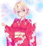  2017 aizawa_chihiro akeome artist_name bangs blonde_hair blue_eyes breasts commentary_request dated eyebrows_visible_through_hair floral_print hair_between_eyes hair_intakes hands_up happy_new_year japanese_clothes kimono large_breasts long_hair looking_at_viewer new_year obi open_mouth original red_kimono sash sidelocks signature smile solo tareme teeth upper_body wide_sleeves 