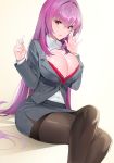  1girl alternate_costume artist_name bra breasts chalk cleavage damda dress_shirt fate/grand_order fate_(series) formal gradient gradient_background hair_intakes large_breasts legs_crossed long_hair long_sleeves looking_at_viewer open_clothes open_mouth open_shirt pantyhose purple_hair red_eyes scathach_(fate)_(all) scathach_(fate/grand_order) shirt sitting skirt skirt_suit suit teacher thighband_pantyhose underwear 