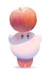  :o apple artist_name ayu_(mog) balancing_on_head blue_eyes food food_on_head fruit full_body kirby kirby_(series) male_focus object_on_head open_mouth shadow solo sweat tiptoes wet white_background 