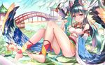  bangs barefoot bird black_hair blue_eyes blush breasts bridge closed_mouth commentary_request day detached_sleeves eyebrows_visible_through_hair facial_mark flower high_ponytail highres kachou_fuugetsu_(onmyoji) long_hair looking_at_viewer lotus medium_breasts official_art onmyoji outdoors pierorabu pond ponytail revision sitting smile soles solo thighs tsurime wide_sleeves wings 