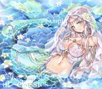  aqua_eyes artist_name at_classics blush breasts bridal_veil cleavage closed_mouth flower forehead_jewel hair_flower hair_ornament hand_up head_fins jewelry large_breasts long_hair looking_at_viewer mermaid monster_girl navel original pendant sample skindentation smile solo traditional_media veil water watermark white_hair 