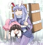  =_= alternate_costume animal_ears backpack bag bamboo bamboo_forest bandages barefoot brown_hair bunny_ears bunny_tail carrying_under_arm commentary_request dress eyebrows_visible_through_hair forbidden_scrollery forest frills head_bump inaba_tewi injury japanese_clothes long_hair long_sleeves multiple_girls nature open_mouth outdoors pants pink_dress purple_hair reisen_udongein_inaba scarf shirosato short_hair short_sleeves sweat tail touhou very_long_hair 