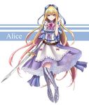  absurdres alice_(wonderland) alice_in_wonderland armor blonde_hair blue_bow blue_eyes blush bow breasts character_name closed_mouth eyebrows_visible_through_hair full_body hair_bow highres holding holding_sword holding_weapon large_breasts long_hair looking_at_viewer pink_bow seungju_lee smile solo sword weapon 