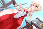  1girl alternate_costume ass azur_lane breasts broom commentary_request detached_sleeves dutch_angle hips japanese_clothes juneau_(azur_lane) medium_breasts miko no_panties platinum_blonde_hair red_eyes rope short_hair_with_long_locks sideboob sky solo temple thick_thighs thighs tillitruins torii wide_hips 