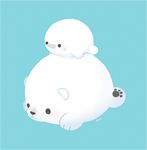 animal animal_on_back aqua_background artist_name ayu_(mog) bear closed_mouth cub full_body looking_away lying no_humans on_stomach original paws polar_bear seal simple_background snout solid_circle_eyes whiskers 