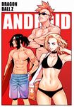  2boys abs adjusting_hair android_16 android_17 android_18 bikini black_bikini black_hair blonde_hair border breasts brother_and_sister choker copyright_name crossed_arms dragon_ball dragon_ball_z earrings jewelry large_breasts male_swimwear mohawk multiple_boys muscle navel orange_hair psychicjin red_background short_hair siblings smile stomach sunglasses surfboard swim_trunks swimsuit swimwear toned white_border wristband 
