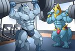  abs anthro areola barazoku barefoot bulge canine exercise eyes_closed fur gym inside lifting maldu male mammal manectric manly mightyena mostly_nude navel nintendo nipples pok&eacute;mon pubes smile standing sweat teeth thick_thighs video_games weightlifting workout 