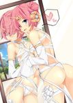  areolae arm_wrap ass bandages blue_eyes bracelet breasts commentary_request double_bun fate/apocrypha fate/grand_order fate_(series) frankenstein's_monster_(fate) frankenstein's_monster_(swimsuit_saber)_(fate) hair_ornament heart horn jewelry mirror naked_bandage navel small_breasts swimsuit tries 