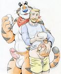  anthro balls dudebulge duo feline frosted_flakes human human_on_anthro humanoid_penis interspecies male male/male mammal penis tiger tony_the_tiger 