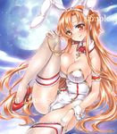 adapted_costume animal_ears arm_garter artist_name asuna_(sao) at_classics bangs blush braid breasts brown_eyes brown_hair bunny_ears bunnysuit cameltoe cleavage closed_mouth detached_collar eyebrows_visible_through_hair french_braid full_moon hair_between_eyes hand_on_own_knee high_heels jewelry large_breasts leg_up leotard long_hair looking_at_viewer moon necklace sample sitting smile solo sword_art_online thighhighs traditional_media very_long_hair watermark white_legwear white_leotard wrist_cuffs 