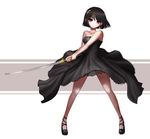  absurdres bare_shoulders black_dress black_footwear black_hair blush breasts brown_eyes closed_mouth collarbone dress eyebrows_visible_through_hair full_body heterochromia highres holding holding_sword holding_weapon jewelry katana large_breasts looking_at_viewer necklace original red_eyes seungju_lee shoes short_hair solo standing sword weapon 