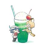  animal_ears ayu_(mog) backpack bag black_hair blonde_hair cherry chibi closed_eyes drinking_straw food fruit hair_between_eyes hat hat_feather ice_cream kaban_(kemono_friends) kemono_friends melon_soda minigirl multiple_girls serval_(kemono_friends) serval_ears serval_tail short_hair shorts smile sprinkles striped sundae tail white_background 