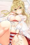  ahoge anza_tomo bangs bare_shoulders bikini bikini_under_clothes blonde_hair bow breasts breasts_apart commentary eyebrows_visible_through_hair fate/extra fate/grand_order fate_(series) green_eyes hair_bow hair_intakes hand_on_own_cheek hand_on_own_thigh knee_up long_hair looking_at_viewer lying medium_breasts nero_claudius_(fate)_(all) nero_claudius_(swimsuit_caster)_(fate) on_back puffy_sleeves red_bikini see-through shirt smile solo striped striped_bikini swimsuit underboob white_bow white_shirt 