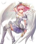  absurdres angel_wings armor bad_id bad_pixiv_id blush breasts cleavage closed_mouth collarbone dual_wielding eyebrows_visible_through_hair highres holding holding_sword holding_weapon large_breasts long_hair looking_at_viewer original pink_eyes pink_hair seungju_lee smile solo sword weapon wings 