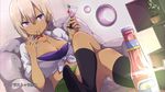  armchair artist_name black_legwear bottle breasts chair cherry cleavage cocktail_glass collarbone crossed_legs cup dark_skin drinking_glass earrings end_card food fruit gyaru hajimete_no_gal highres honjou_ranko hoop_earrings jewelry kneehighs kogal lightning_bolt_necklace medium_breasts mouth_hold necklace no_shoes plant potted_plant shirt short_hair sitting solo strapless tied_shirt tubetop ukami white_shirt 