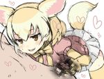  animal_ears blonde_hair censored commentary fang fennec_(kemono_friends) fox_ears fox_tail gedou_(ge_ge_gedou) gloves handjob hetero kemono_friends male_pubic_hair naughty_face open_mouth penis pubic_hair short_hair sketch skirt smile sweat tail thighhighs 
