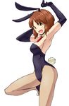  absurdres alternate_costume animal_ears aono3 arms_up ascot bangs black_footwear black_gloves black_leotard breasts brown_eyes brown_hair bunny_ears bunny_tail bunnysuit cowboy_shot detached_collar elbow_gloves fake_animal_ears fake_tail fishnet_pantyhose fishnets from_side girls_und_panzer gloves highres leg_up leotard looking_at_viewer medium_breasts nishizumi_miho open_mouth pantyhose shoes short_hair sideboob simple_background smile solo standing standing_on_one_leg strapless strapless_leotard tail white_background 