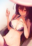  bangle bikini blurry bracelet breasts cleavage depth_of_field fate/grand_order fate_(series) finger_to_mouth hair_between_eyes halterneck highres hplay index_finger_raised jewelry large_breasts long_hair lying navel purple_bikini purple_hair red_eyes sand scathach_(fate)_(all) scathach_(swimsuit_assassin)_(fate) shiny shiny_skin smile solo swimsuit 