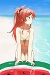  beach bikini blue_sky breasts chigusa_asuha cloud day hair_ornament hair_scrunchie hairclip horizon innertube long_hair looking_to_the_side navel ocean outdoors qualidea_code red_eyes red_hair sand scrunchie seiza sekiya_asami sitting sky small_breasts solo swimsuit water 