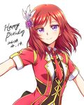  2016 bokura_no_live_kimi_to_no_life dated eyebrows_visible_through_hair feathers flower hair_feathers hair_flower hair_ornament happy_birthday highres kyuusenbinore_(gavion) long_hair looking_at_viewer love_live! love_live!_school_idol_project necktie nishikino_maki outstretched_arms purple_eyes red_hair red_neckwear short_necktie short_sleeves simple_background smile solo spread_arms standing upper_body white_background white_feathers 