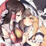  2girls artist_name ascot bangs black_hair black_hat black_vest blonde_hair bow breasts collaboration commentary_request detached_sleeves eye_contact eyebrows_visible_through_hair frilled_bow frilled_shirt_collar frills hair_between_eyes hair_bow hair_tubes hajin hakurei_reimu hand_holding hat hat_bow kirisame_marisa long_hair long_sleeves looking_at_another medium_breasts minust multiple_girls parted_lips profile puffy_short_sleeves puffy_sleeves red_bow red_eyes sarashi shirt short_sleeves sideboob sidelocks simple_background strap_slip touhou upper_body vest white_background white_bow white_shirt witch_hat yellow_eyes yellow_neckwear yuri 
