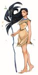  ano_(sbee) artist_name bare_legs barefoot black_eyes black_hair collar dark_skin disney dress floating_hair full_body long_hair looking_away pocahontas pocahontas_(disney) solo stick 