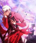  archer black_cape black_hair blood blood_on_face cape emiya_kiritsugu fate_(series) hand_over_face highres male_focus multiple_boys outdoors silver_hair sorad_0410 spiked_hair stabbed standing sword weapon 