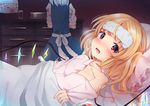  2girls apron blonde_hair commentary_request flandre_scarlet highres indoors izayoi_sakuya long_sleeves looking_at_viewer lying miri_(miri0xl) multiple_girls off_shoulder pajamas pillow red_eyes sick sweat thermometer touhou towel towel_on_head under_covers waist_apron wings 