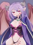  1girl alma_elma artist_request breast_tattoo breasts cape curvy demon_girl female horns large_breasts long_hair looking_at_viewer mon-musu_quest! monster_girl pointy_ears purple_hair red_eyes revealing_clothes shiny_skin smile solo succubus tail tattoo wings 