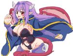  1girl alma_elma artist_request breast_tattoo breasts cape cleavage demon_girl female horns huge_breasts long_hair looking_at_viewer mon-musu_quest! monster_girl pointy_ears purple_hair red_eyes revealing_clothes shiny_skin smile solo succubus tail tattoo thong wings 
