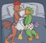  avian bed bird bottomless boxers_(clothing) briefs chicken clothed clothing cuddling disney donald_duck duck eyes_closed group hand_holding jos&eacute;_carioca kellude legend_of_the_three_caballeros panchito_pistoles parrot partially_clothed sleeping the_three_caballeros under underwear 
