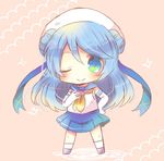  blue_eyes blue_hair chibi double_bun elbow_gloves full_body gloves hat kantai_collection kouu_hiyoyo long_hair lowres neckerchief one_eye_closed pink_background pleated_skirt sailor_hat school_uniform serafuku simple_background skirt sleeves_rolled_up solo standing urakaze_(kantai_collection) white_gloves white_hat white_legwear yellow_neckwear 