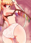  1girl arched_back arm_up ass back bangs blonde_hair breasts commentary_request crystal dripping dutch_angle eyebrows_visible_through_hair flandre_scarlet from_behind highres holding holding_shower_head kaabon_meshi leaning_forward looking_at_viewer looking_back medium_hair nipples panties pointy_ears red_eyes shower_head showering side_ponytail sidelocks small_breasts solo steam topless touhou twisted_torso underwear underwear_only upper_body wet wet_clothes wet_hair wet_panties white_panties wings 