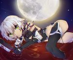  amakaze black_footwear blood bloody_knife boots breasts cleavage cleavage_cutout closed_mouth dual_wielding eyebrows_visible_through_hair fate/apocrypha fate/grand_order fate_(series) green_eyes holding holding_knife holding_weapon jack_the_ripper_(fate/apocrypha) knife looking_at_viewer lying medium_breasts moon on_side short_hair solo weapon white_hair 