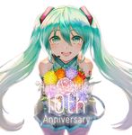  anniversary black_skirt blue_eyes blue_hair blush bouquet eyebrows_visible_through_hair flower hatsune_miku headset highres holding holding_bouquet long_hair looking_at_viewer open_mouth seungju_lee skirt smile solo teeth twintails vocaloid 