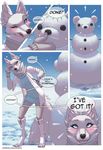  anthro canine celeste_(artist) clothing digital_media_(artwork) english_text female looking_at_viewer mammal snow snowman solo text 