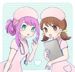  :3 alternate_hairstyle aqua_eyes ayu_(mog) brown_eyes brown_hair clipboard green_hair hair_bun hair_ribbon hashimoto_nyaa hat heart multicolored_hair multiple_girls nurse nurse_cap open_mouth osomatsu-san pink_hair ribbon sidelocks smile stethoscope syringe twintails two-tone_hair yowai_totoko 