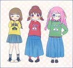  adjusting_eyewear ayu_(mog) blonde_hair braid brown_eyes brown_hair closed_eyes glasses hair_ribbon hand_on_hip hashimoto_nyaa juushimatsu's_girlfriend long_skirt multicolored_hair multiple_girls one_eye_closed open_mouth osomatsu-san pink_hair pleated_skirt ribbon single_braid skirt sleeves_past_wrists slippers smile socks sweater twin_braids twintails two-tone_hair yowai_totoko 