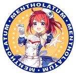  :d absurdres copyright_name hat highres ichiren_namiro little_nurse looking_at_viewer mentholatum nurse nurse_cap open_mouth red_hair round_image smile solo upper_body 