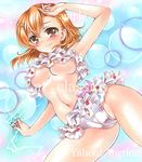  arm_up armpits artist_name at_classics bangs bare_arms bikini blush breasts brown_eyes brown_hair closed_mouth cowboy_shot eyebrows_visible_through_hair frilled_bikini frills groin hair_between_eyes hair_ornament hairclip holding large_breasts looking_at_viewer misaka_mikoto navel sample short_hair solo stomach swimsuit to_aru_kagaku_no_railgun to_aru_majutsu_no_index traditional_media underboob watermark white_bikini 