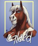  2016 anthro blue_background blue_eyes brown_fur bust_portrait character_name digital_media_(artwork) equine eyebrows front_view fur glaed grin hair horse long_hair looking_at_viewer male mammal multicolored_fur name_badge portrait rov signature simple_background smile snout solo teeth two_tone_fur white_fur white_hair 
