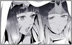  bangs blanket blush bonkara_(sokuseki_maou) border circlet dark_skin drinking_straw facial_tattoo fate/grand_order fate_(series) greyscale long_hair monochrome multiple_girls nitocris_(fate/grand_order) nitocris_(swimsuit_assassin)_(fate) open_mouth scheherazade_(fate/grand_order) sipping sweat tattoo 