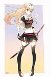  2016 black_gloves black_legwear black_ribbon black_serafuku black_shirt black_skirt blonde_hair colorized commentary_request dan_(kumadan) dated emo_(ricemo) fingerless_gloves floating_hair full_body gloves hair_between_eyes hair_ribbon highres kantai_collection katana long_hair looking_at_viewer midriff miniskirt navel neckerchief pleated_skirt red_eyes red_neckwear remodel_(kantai_collection) ribbon scarf school_uniform serafuku sheath sheathed shirt signature skirt smile solo standing stomach sword thighhighs very_long_hair weapon white_scarf yuudachi_(kantai_collection) zettai_ryouiki 