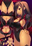  1boy 1girl arm_at_side ass_visible_through_thighs bar_censor black_legwear breasts brown_hair censored cleavage cleavage_cutout covered_navel dark_skin eyebrows_visible_through_hair fang hand_on_hip highleg highleg_leotard highres kinoshita_ichi large_breasts leotard long_hair non-web_source nude open_mouth original red_eyes shiny shiny_skin sidelocks thighhighs 